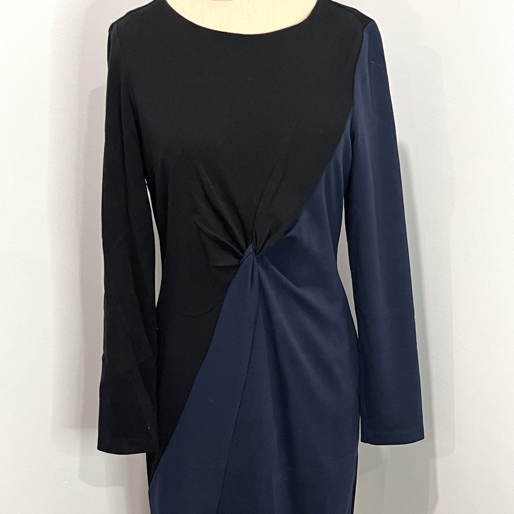 Bigio Collection Black Blue Pencil Dress - Jersey Midi Minimalist US 6 MSRP $185